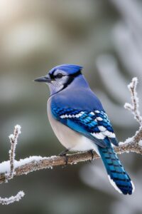 A vivid blue jay perched on a snow-dusted winter branch in soft natural light