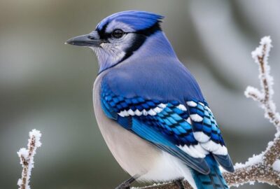 A vivid blue jay perched on a snow-dusted winter branch in soft natural light