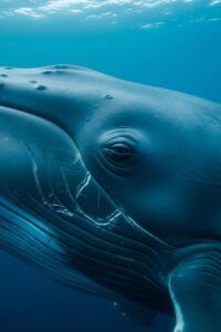 Massive blue whale swimming through deep Pacific ocean in dramatic low light