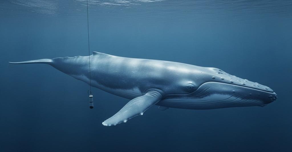 Aerial view of blue whale surfacing alone in vast open ocean waters