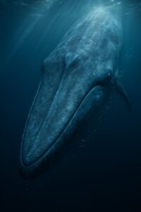 Massive blue whale diving into deep dark ocean waters beneath shimmering surface light