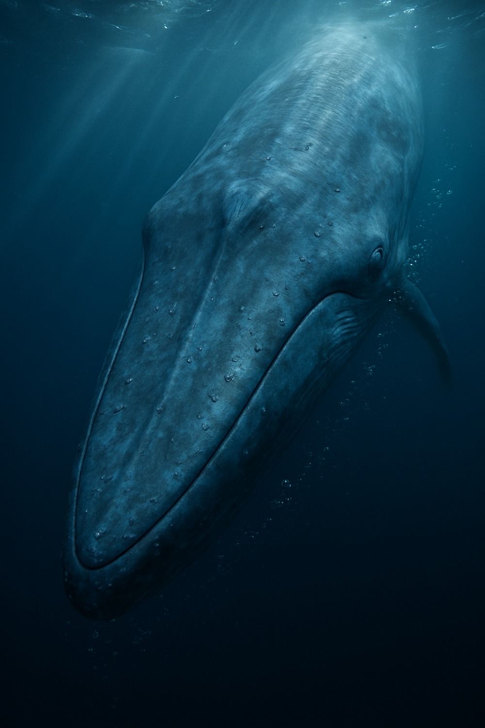 Massive blue whale diving into deep dark ocean waters beneath shimmering surface light