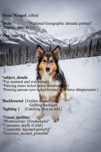 Skeletal collie dog trudging through snow-covered Rocky Mountain wilderness alone