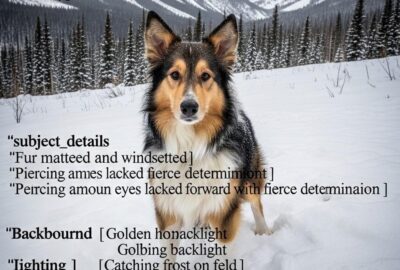 Skeletal collie dog trudging through snow-covered Rocky Mountain wilderness alone