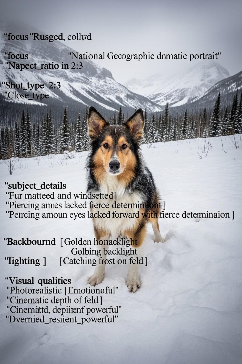 Skeletal collie dog trudging through snow-covered Rocky Mountain wilderness alone