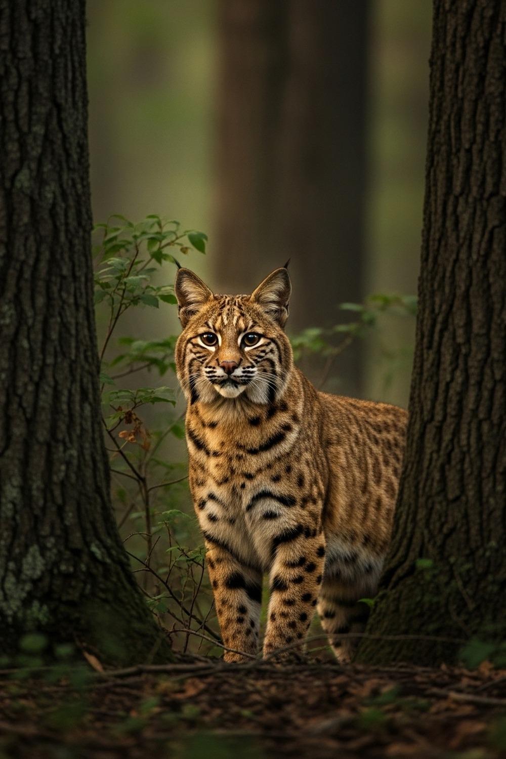 A wild bobcat with tufted ears and spotted coat moving silently through a dense forest