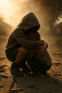 Young boy lying protectively over a smaller child during an emergency debris scene