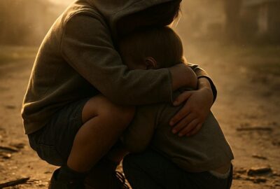 Young boy lying protectively over a smaller child during an emergency debris scene