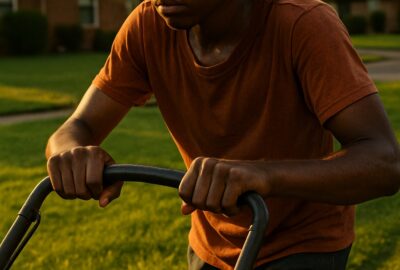 A determined young Black teenager pushing a lawn mower on a sun-drenched suburban yard in summer
