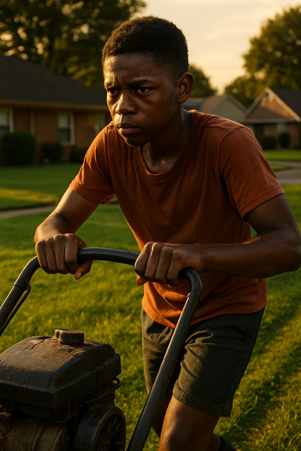 A determined young Black teenager pushing a lawn mower on a sun-drenched suburban yard in summer