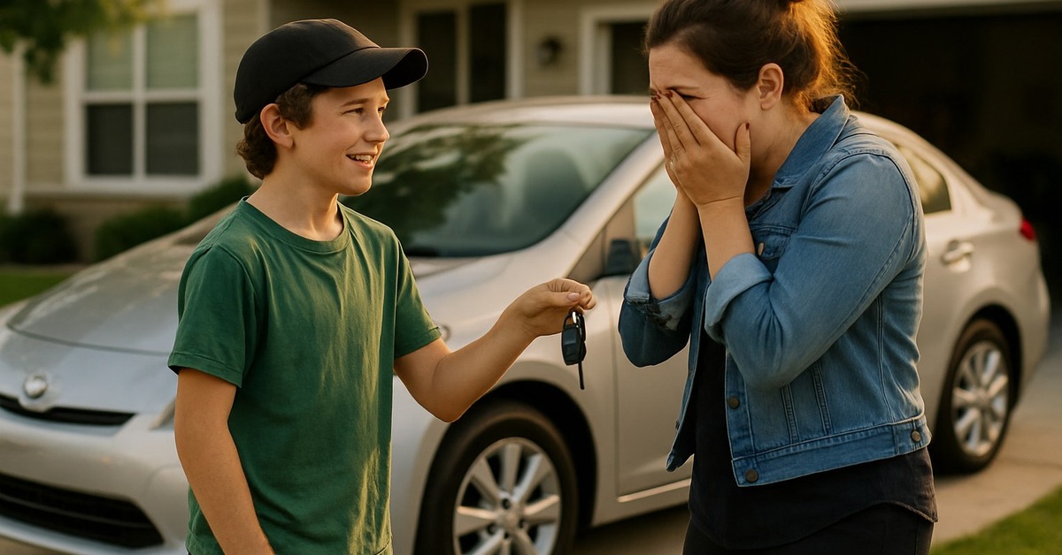 A teenage boy presenting car keys to his tearful mother on a quiet Southern driveway