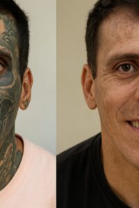 Man with extensive facial skull tattoos shown before and after laser removal treatment