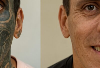 Man with extensive facial skull tattoos shown before and after laser removal treatment