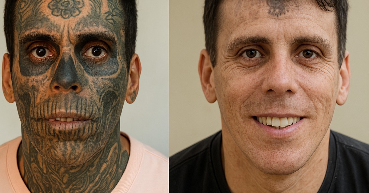 Close-up side profile of man mid-laser tattoo removal session under studio lighting