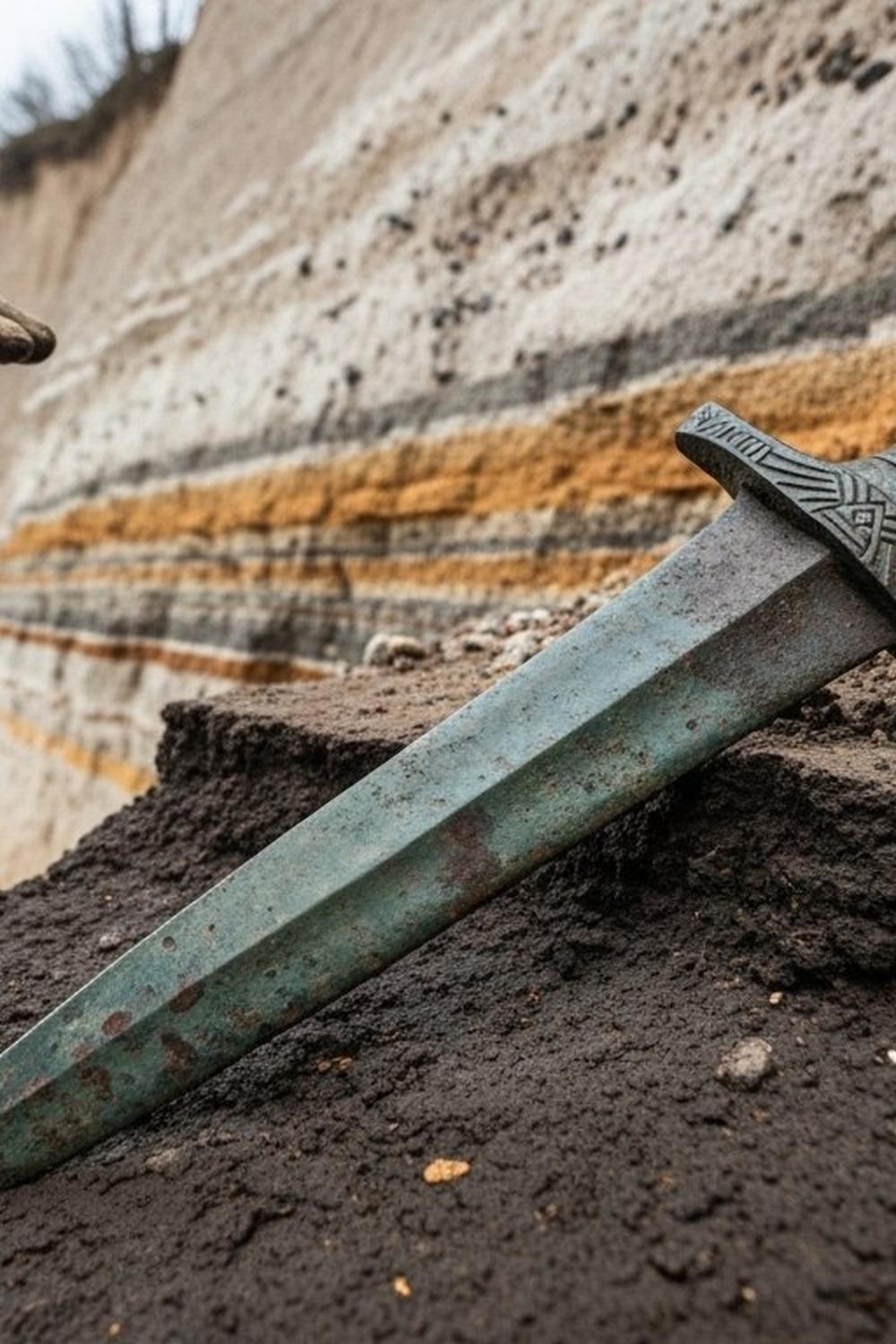 A Bronze Age bronze dagger with decorative hilt resting in dark Baltic clay, Poland