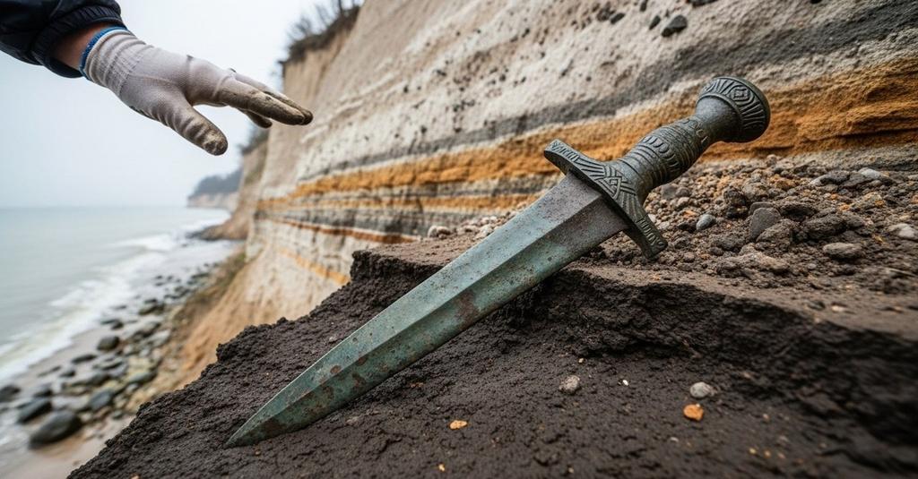 Eroding Baltic Sea cliffs in Poland revealing ancient archaeological layers at the shoreline