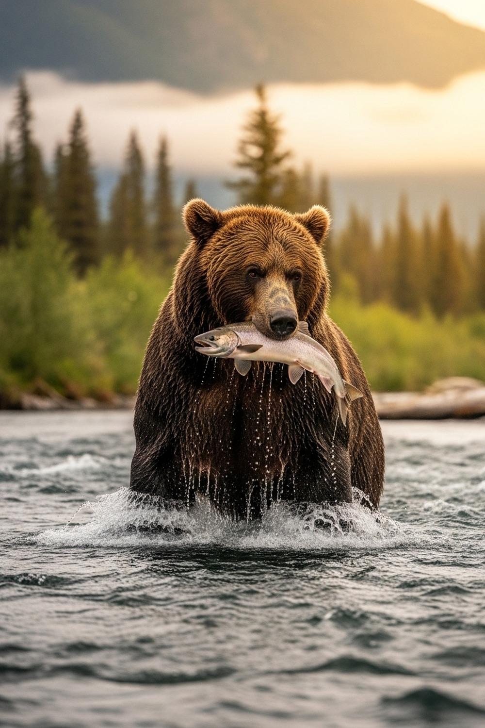 Massive brown bear standing in rushing river catching leaping sockeye salmon at Katmai Alaska