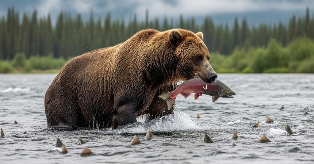 Close-up of brown bear jaw gripping silver salmon mid-river with water splashing