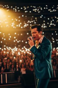 Bruno Mars performing live on stage in a packed stadium during a world tour