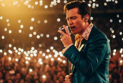Bruno Mars performing live on stage in a packed stadium during a world tour