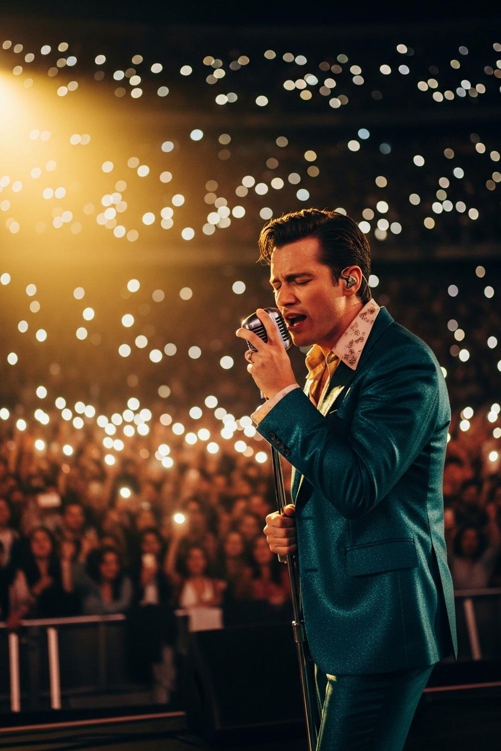 Bruno Mars performing live on stage in a packed stadium during a world tour