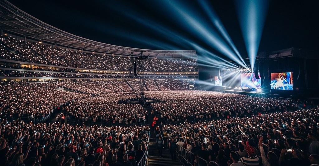 Massive crowd of fans cheering at a Bruno Mars stadium concert at night