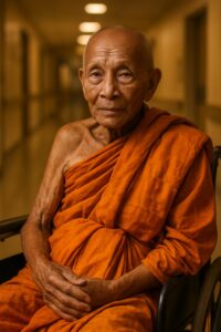 Buddhist monk in saffron robes seated in wheelchair surrounded by smiling hospital staff