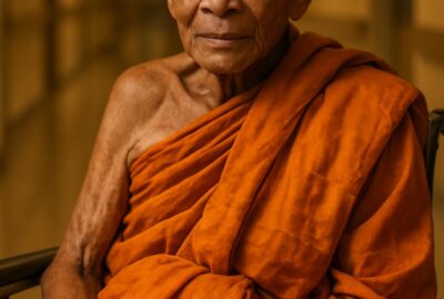 Buddhist monk in saffron robes seated in wheelchair surrounded by smiling hospital staff