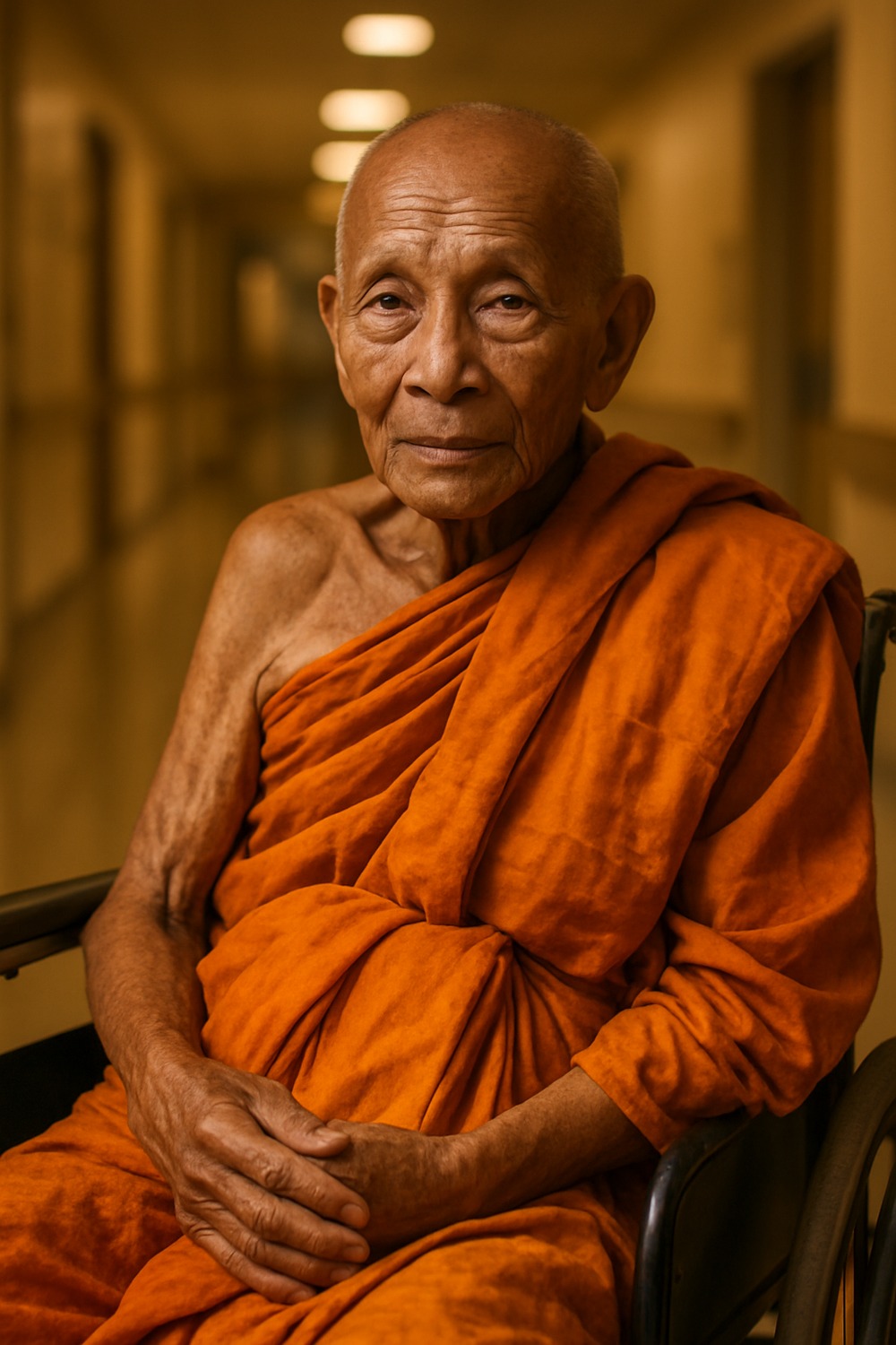 Buddhist monk in saffron robes seated in wheelchair surrounded by smiling hospital staff