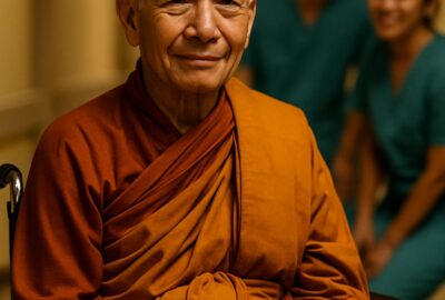 Buddhist monk in saffron robes seated in wheelchair surrounded by smiling medical staff