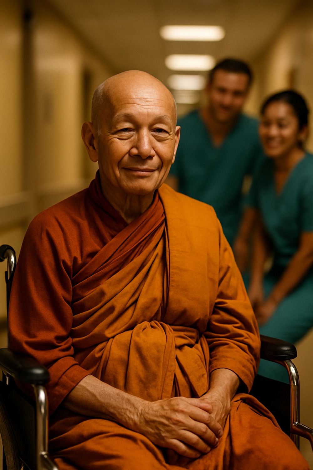 Buddhist monk in saffron robes seated in wheelchair surrounded by smiling medical staff