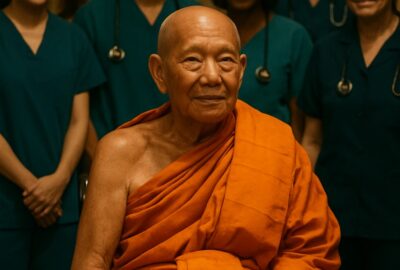 Buddhist monk in saffron robes seated in wheelchair surrounded by smiling medical staff