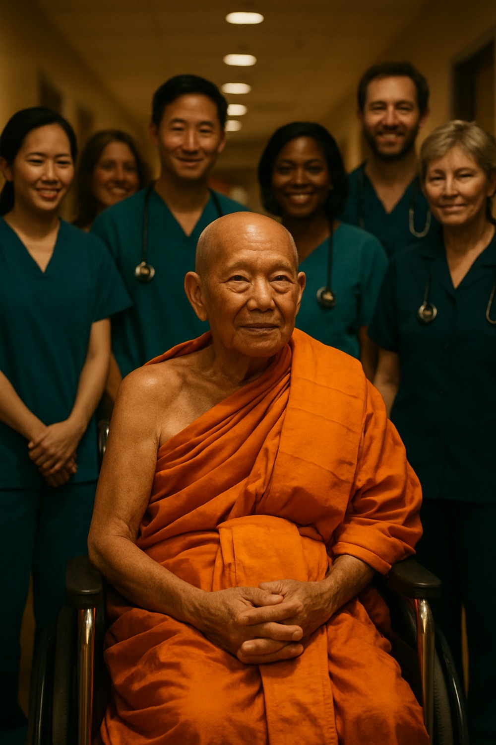 Buddhist monk in saffron robes seated in wheelchair surrounded by smiling medical staff