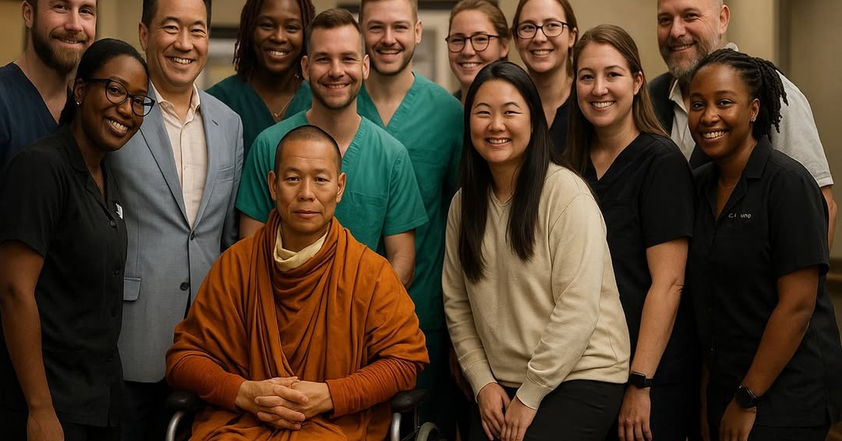 Diverse hospital team gathered around robed monk in warm clinical hallway candid moment