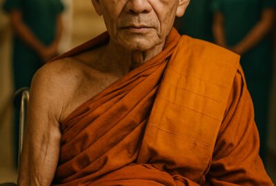 Buddhist monk in saffron robes seated in wheelchair surrounded by smiling hospital staff