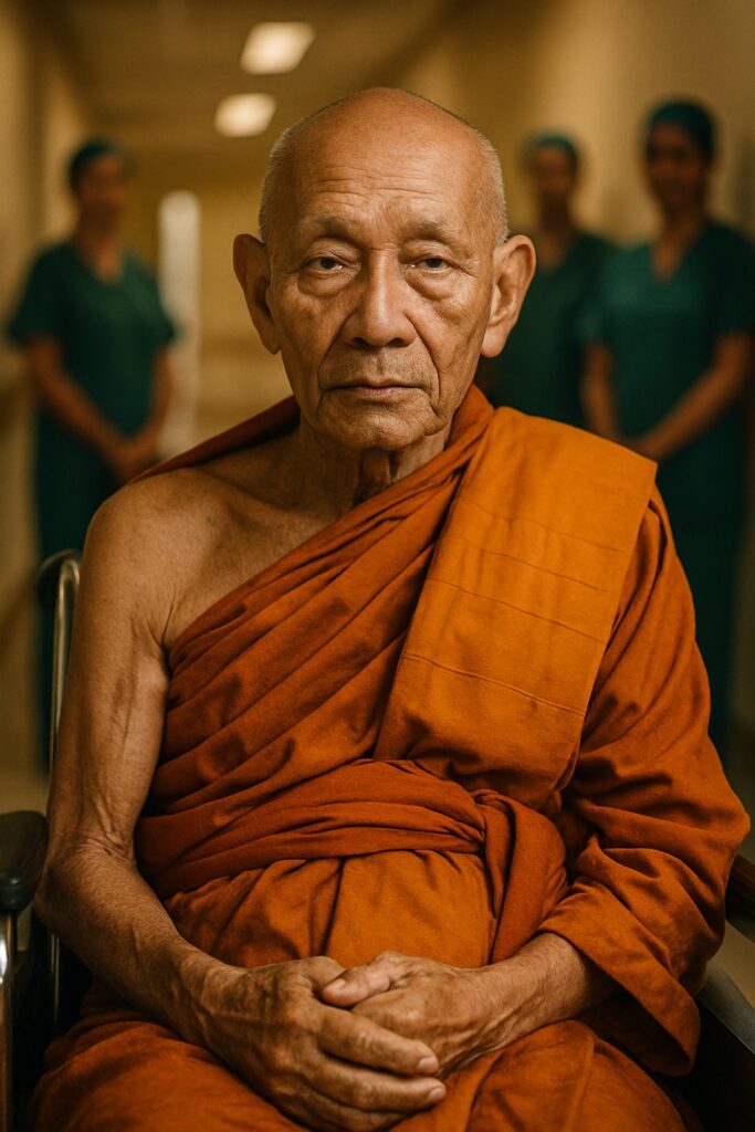 Buddhist monk in saffron robes seated in wheelchair surrounded by smiling hospital staff