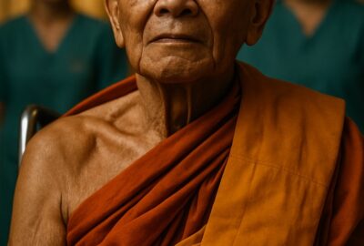 Buddhist monk in saffron robes seated in wheelchair surrounded by smiling medical staff