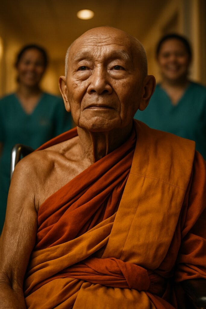 Buddhist monk in saffron robes seated in wheelchair surrounded by smiling medical staff