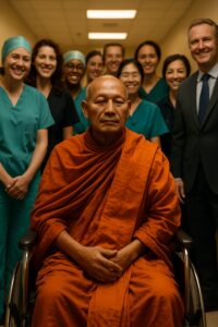 Buddhist monk in saffron robes seated in wheelchair surrounded by smiling hospital staff