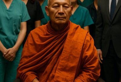 Buddhist monk in saffron robes seated in wheelchair surrounded by smiling hospital staff