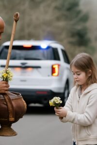 Saffron-robed Buddhist monks offering flowers to a mother and daughters on a California roadside