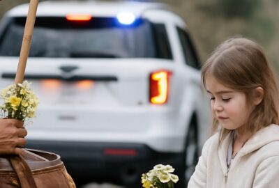 Saffron-robed Buddhist monks offering flowers to a mother and daughters on a California roadside