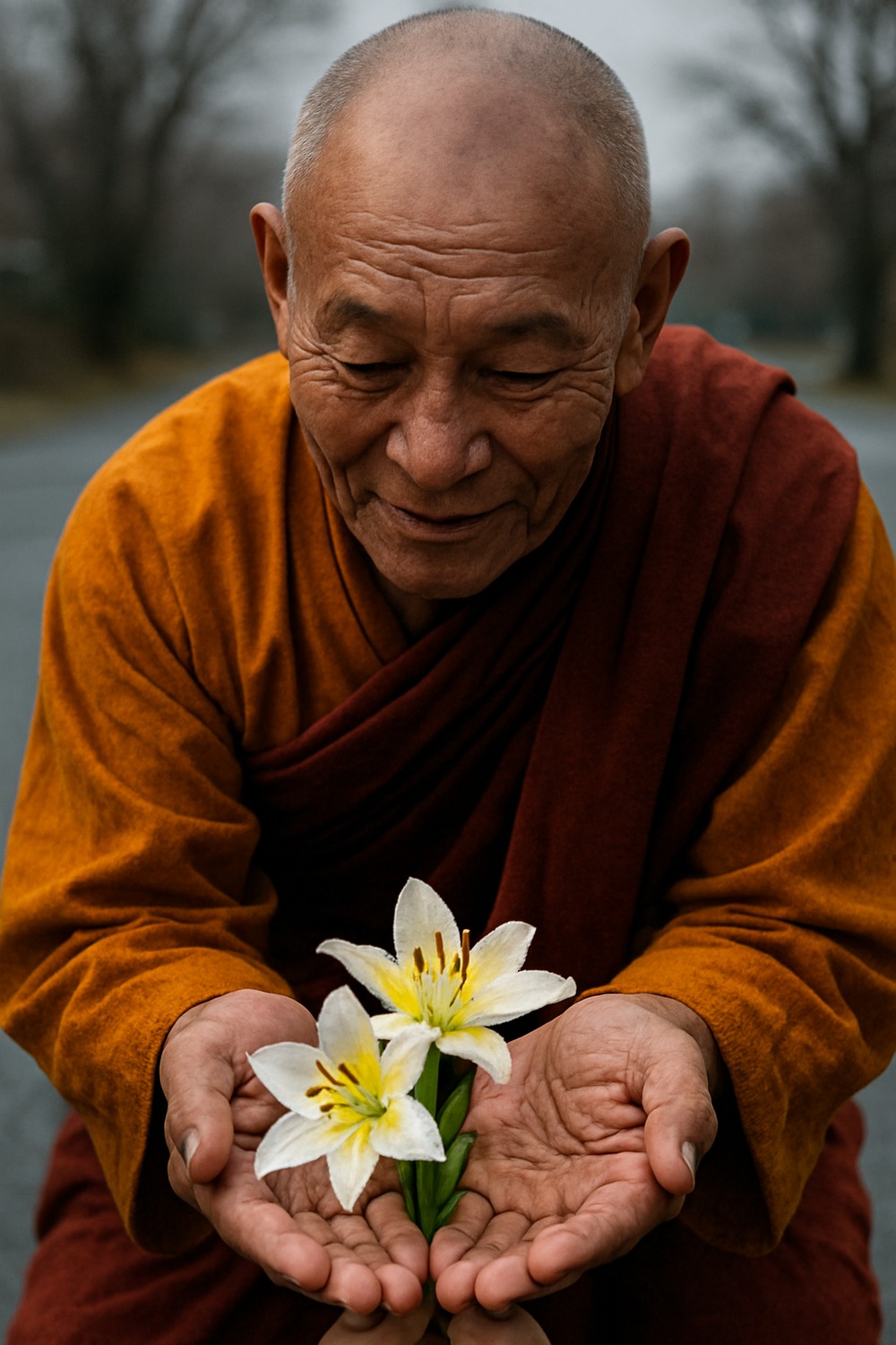 Buddhist monk smiling as young child offers white and yellow flower bouquet roadside