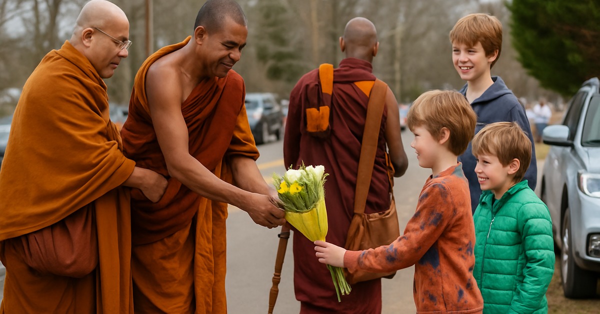 Three monks in saffron robes walking suburban road flanked by bare spring trees