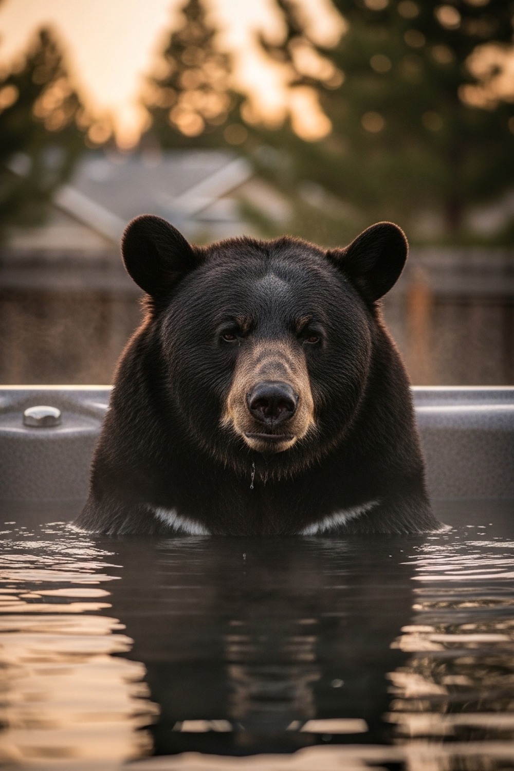 Large California black bear relaxing in a bubbling backyard jacuzzi at dusk