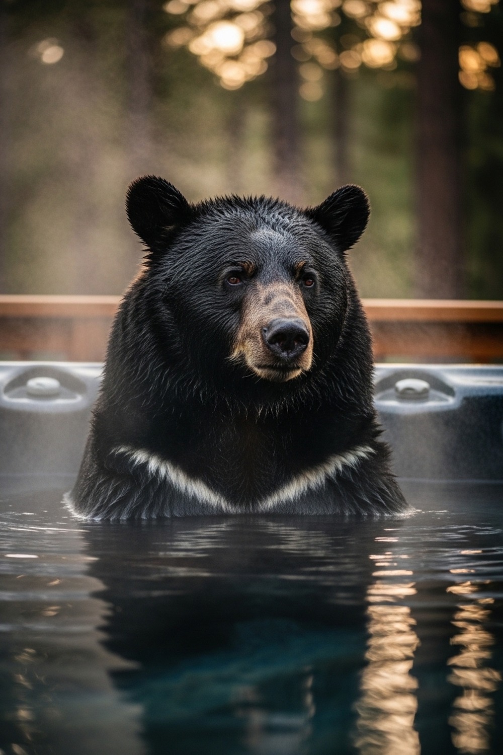 A large California black bear relaxing in a bubbling backyard jacuzzi at dusk