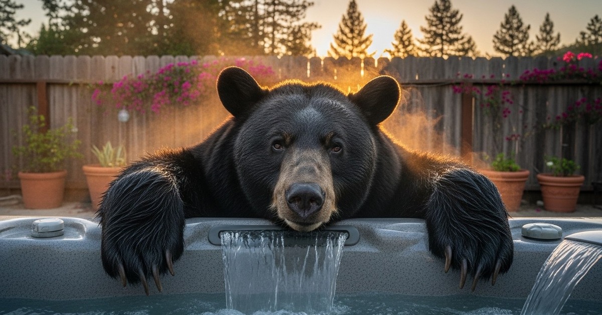 Close-up of a wet black bear peering over the edge of a hot tub