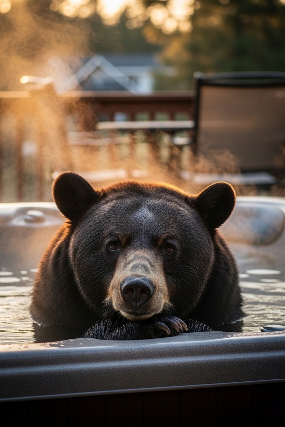 Large California black bear relaxing in a steaming backyard jacuzzi at dusk