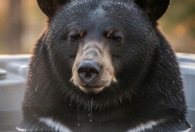 A large California black bear relaxing in a bubbling backyard jacuzzi at dusk