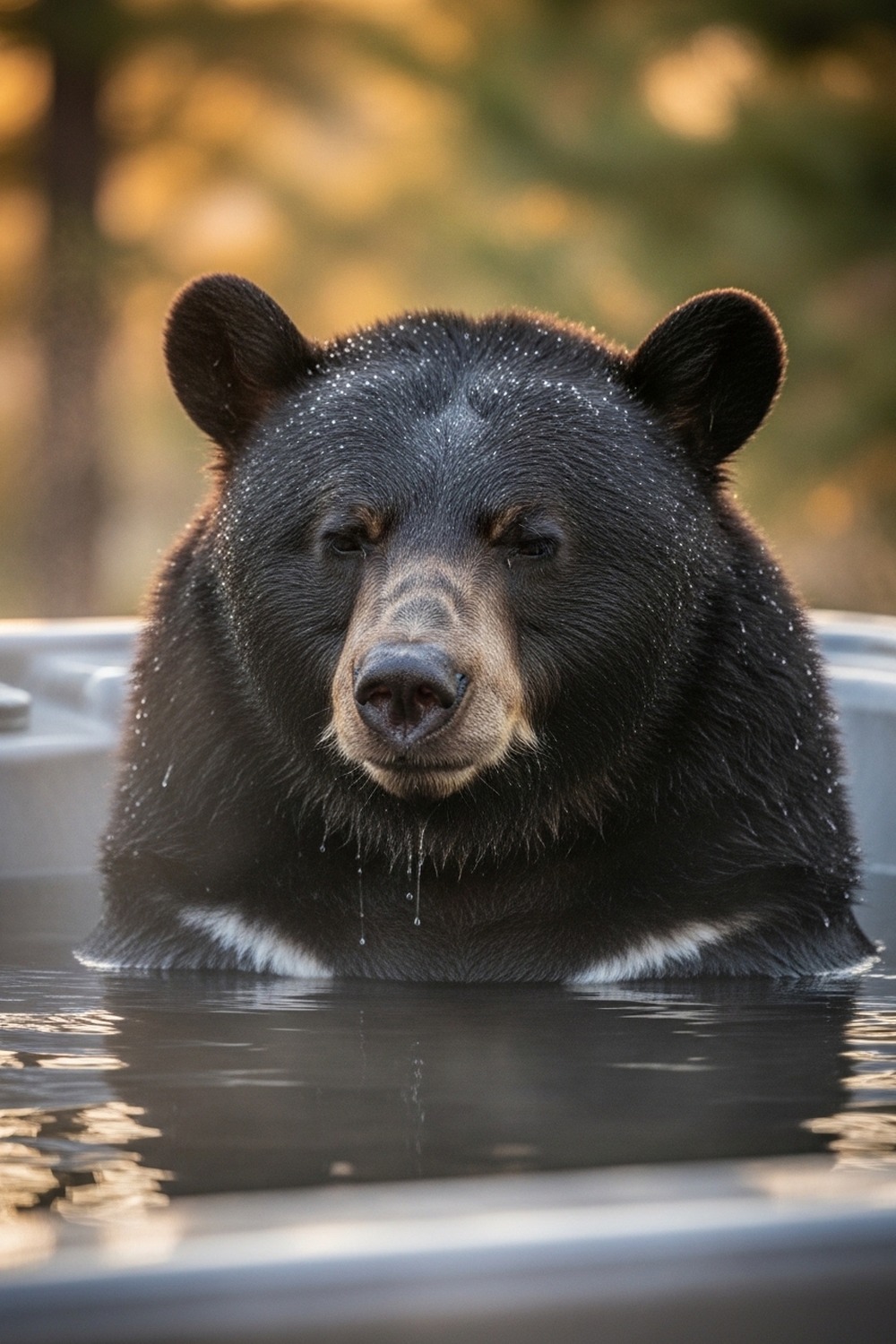 A large California black bear relaxing in a bubbling backyard jacuzzi at dusk
